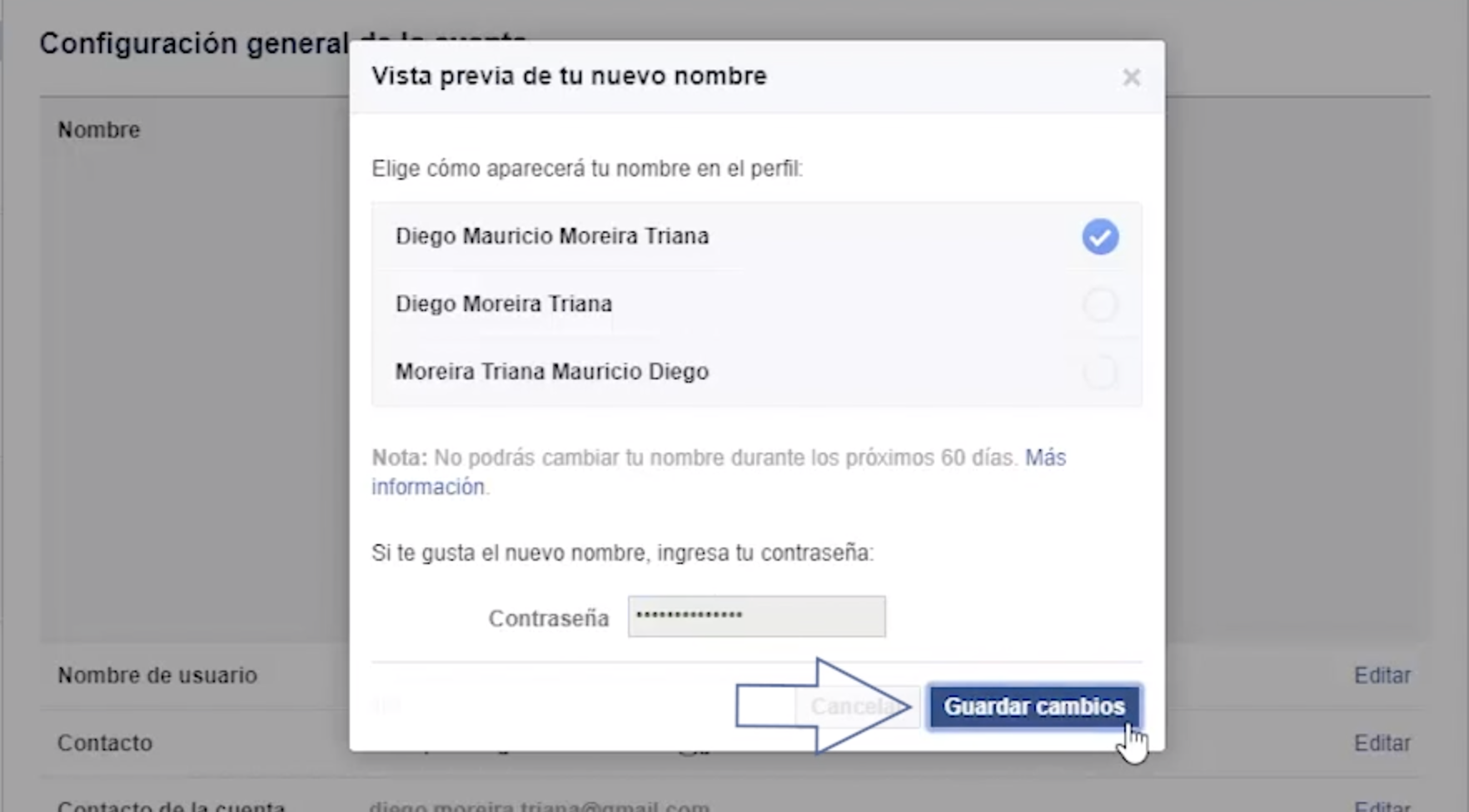 Selecciona alguna de las combinaciones de nombres de Facebook y guarda los cambios.